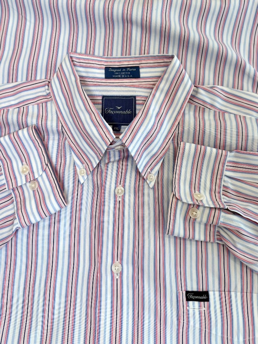 Faconnable Men's XXL White Blue Pink Vertical Stripe Button Down Cotton Shirt